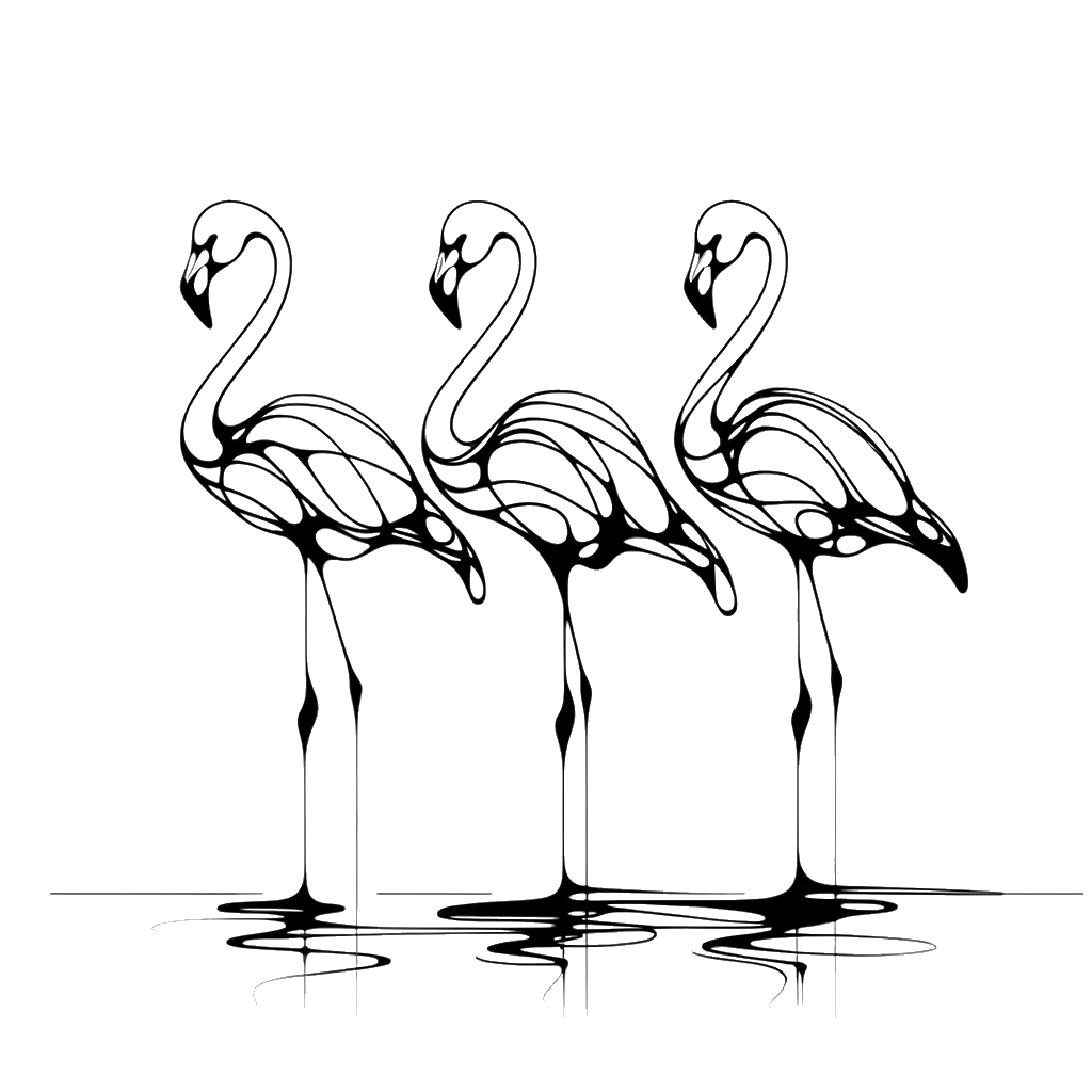 un dibujo de tres flamencos idénticos en fila representando el tema de Conformismo en blanco y negro.