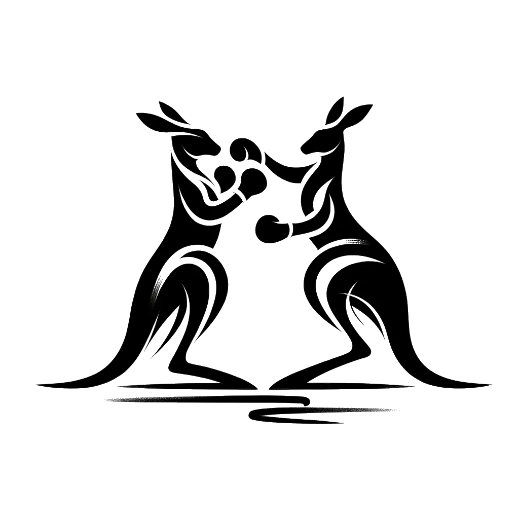 un dibujo de dos canguros boxeando representando el tema de Confrontación en blanco y negro.