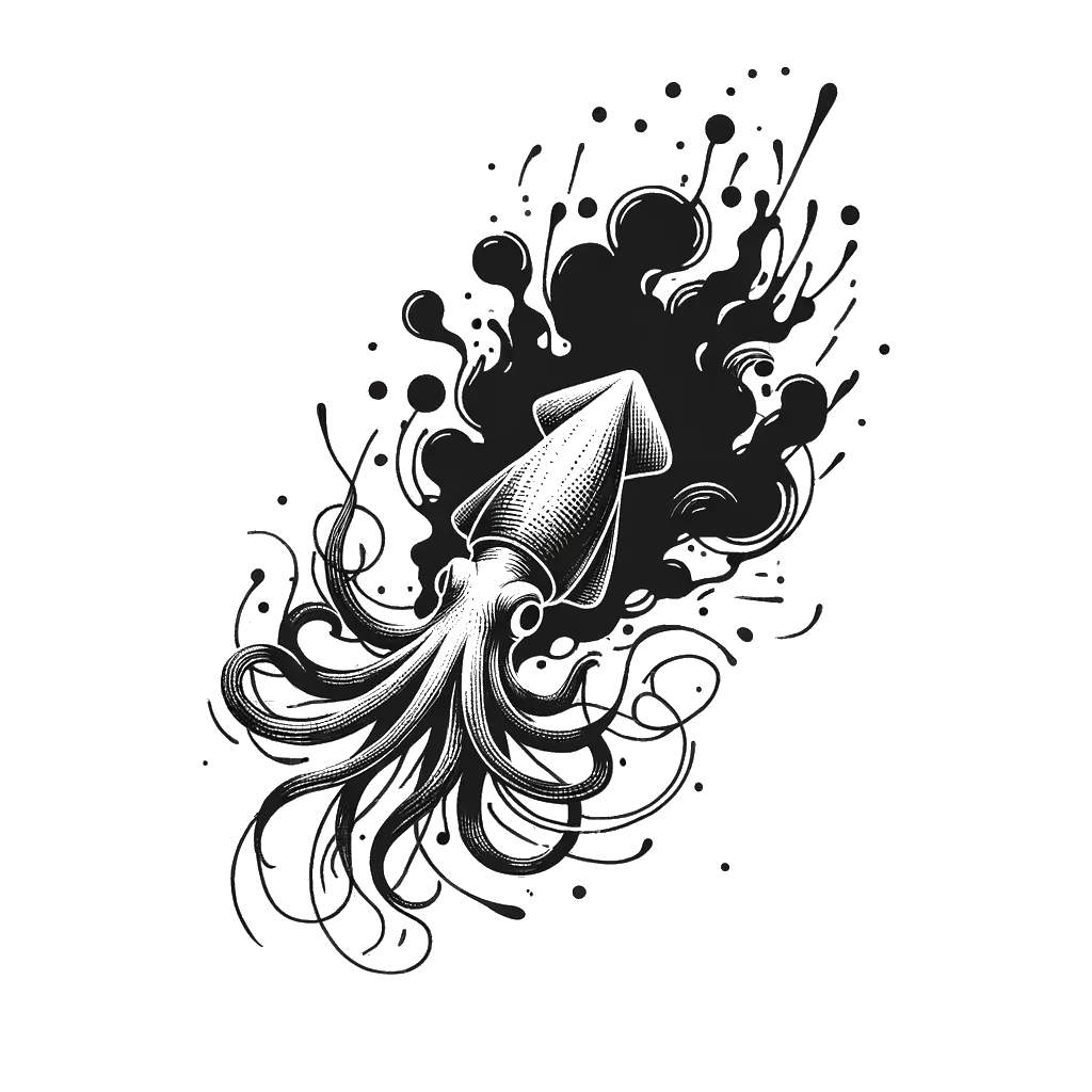 un dibujo de un calamar expulsando tinta representando el tema de Confusión en blanco y negro.