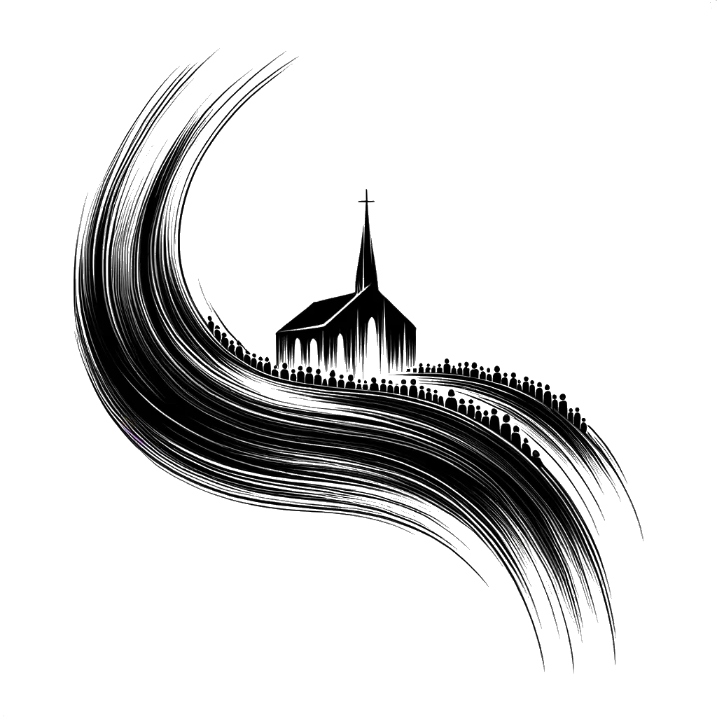 un dibujo de una iglesia representando el tema de Congregación en blanco y negro.