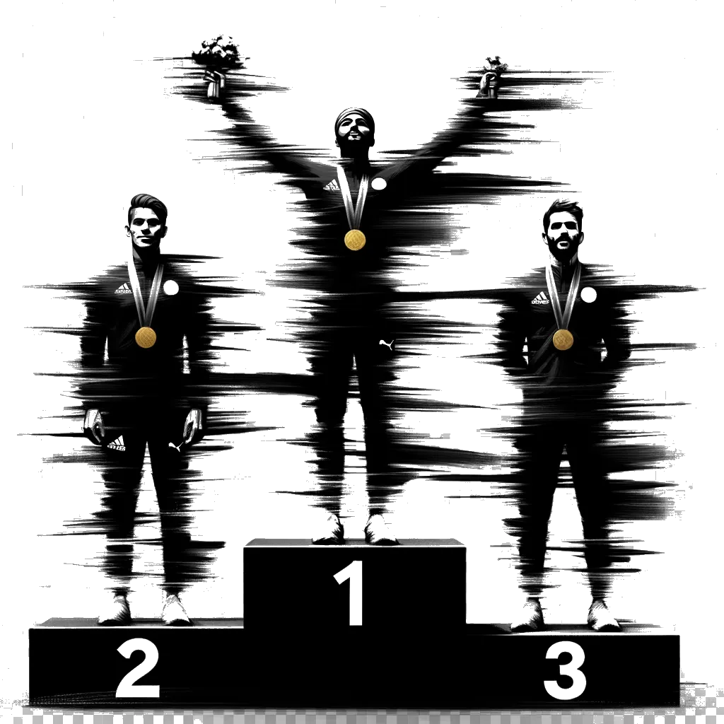 un dibujo de Tres atletas masculinos en el podio de ganadores, con el medallista de oro levantando los brazos en el aire. representando el tema de Consistencia en blanco y negro.