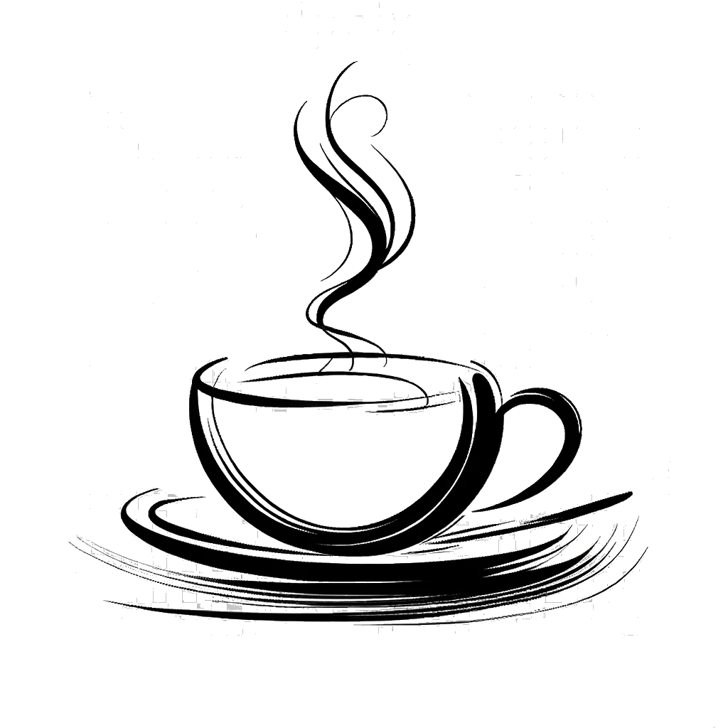un dibujo de una taza de té y platillo representando el tema de Contentamiento en blanco y negro.