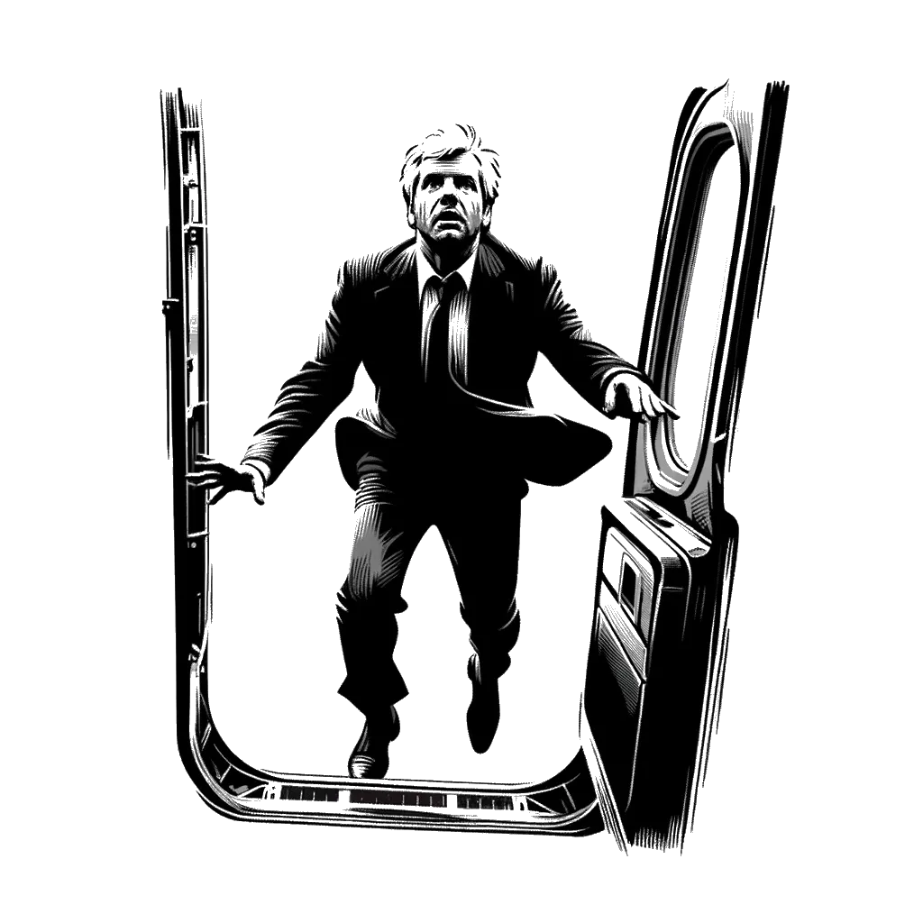 un dibujo de un hombre a punto de saltar de un avión con aspecto asustado representando el tema de Contestando en blanco y negro.