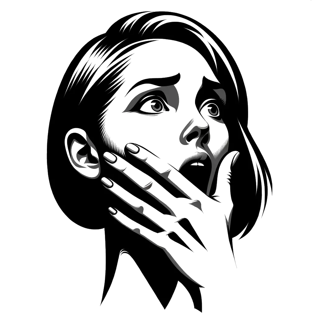 un dibujo de una mujer occidental mirando sorprendida con la boca abierta y la mano cubriéndose la boca representando el tema de Controversia en blanco y negro.
