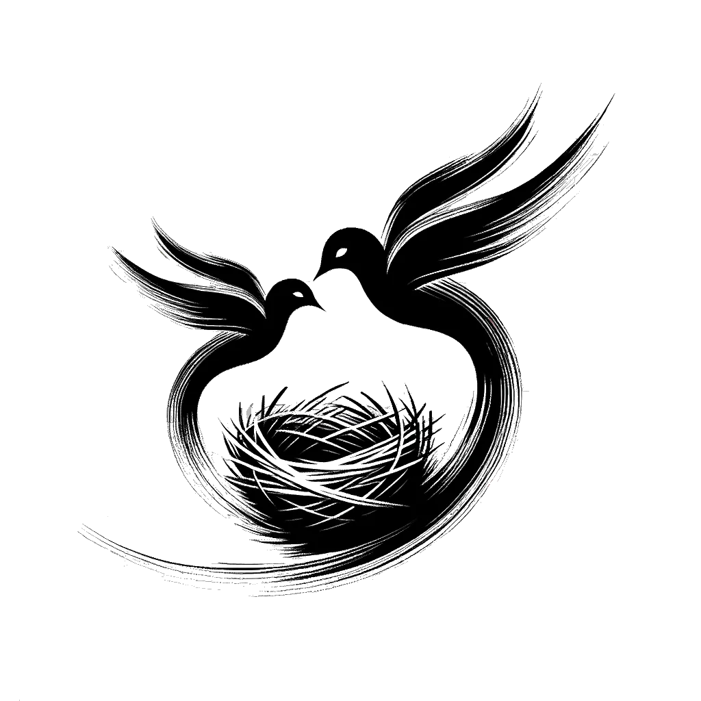 un dibujo de dos pájaros construyendo un nido representando el tema de Cooperación en blanco y negro.