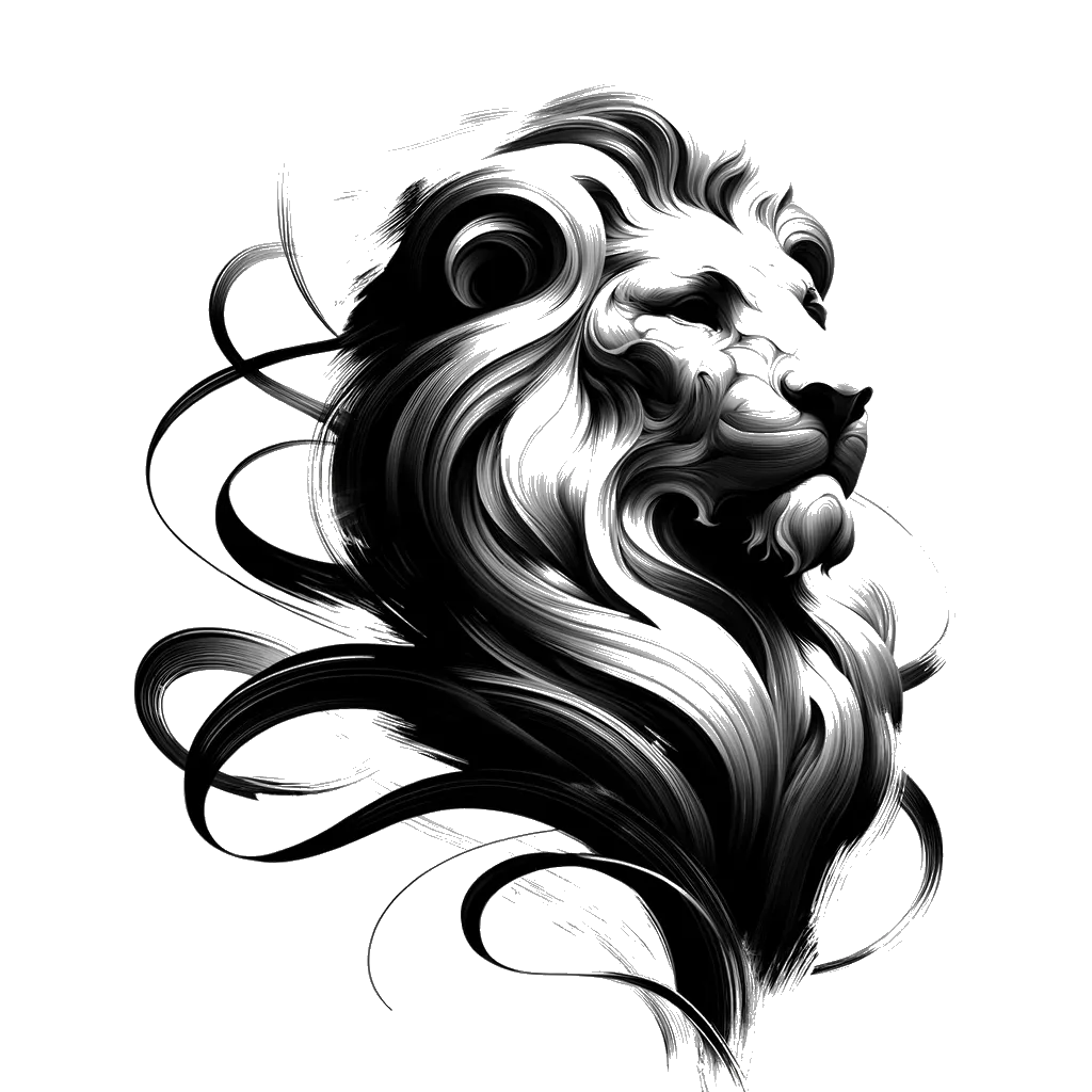 un dibujo de una estatua de un león macho representando el tema de Coraje en blanco y negro.