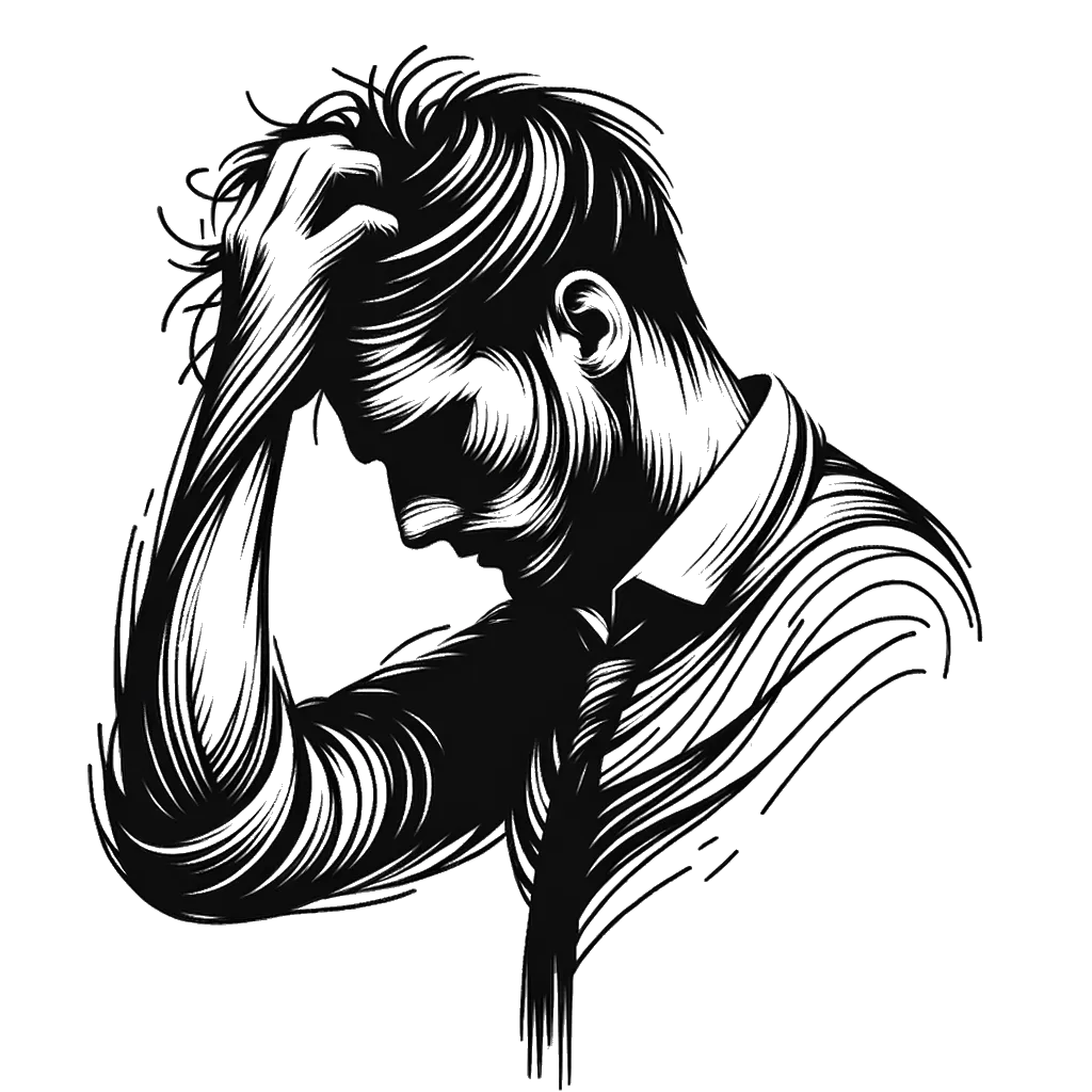 un dibujo de un hombre tirándose del cabello por frustración representando el tema de Cordura en blanco y negro.