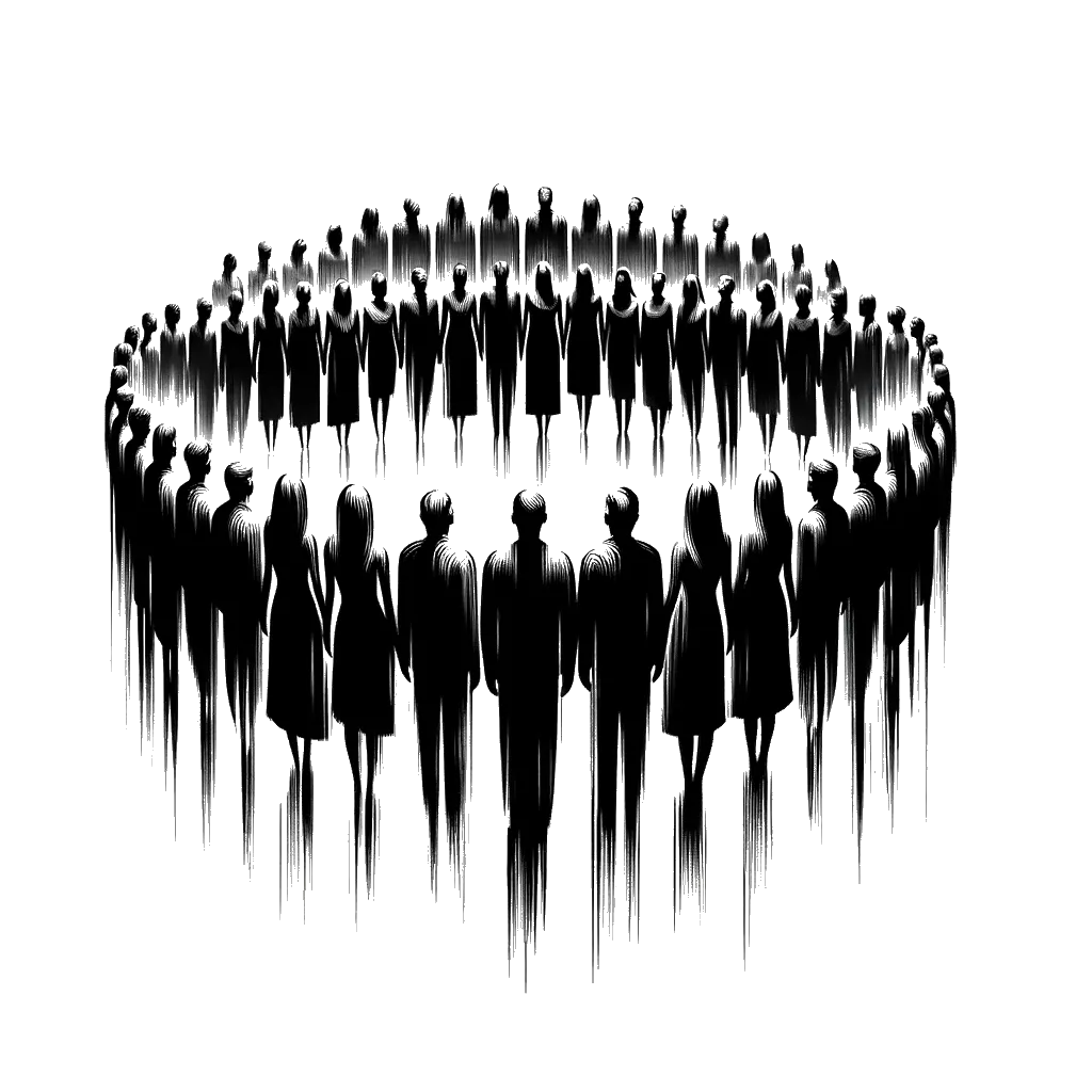 un dibujo de un coro de personas representando el tema de Coro en blanco y negro.