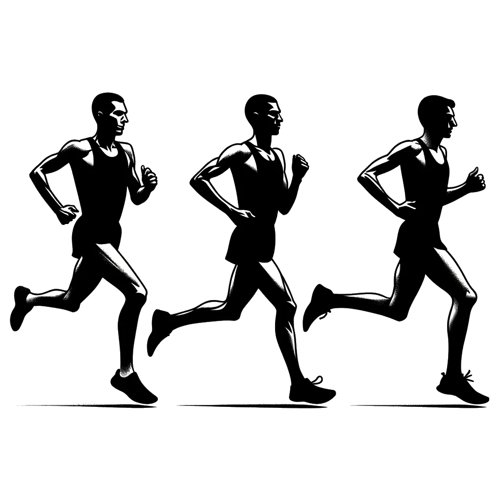 un dibujo de Tres corredores de maratón masculinos corriendo un maratón. representando el tema de Corriendo en blanco y negro.