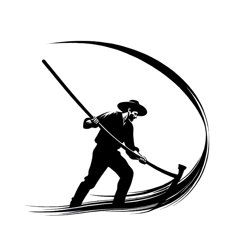 un dibujo de un hombre trabajando con una guadaña representando el tema de Cosechar en blanco y negro.