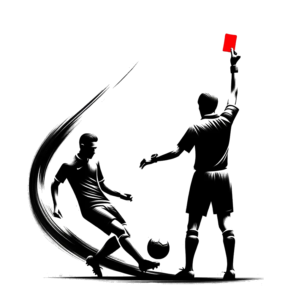 un dibujo de árbitro de fútbol mostrando una tarjeta roja frente a un jugador representando el tema de Crítica en blanco y negro.