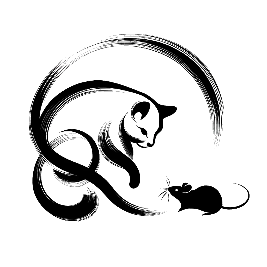 un dibujo de un gato con un ratón representando el tema de Crueldad en blanco y negro.
