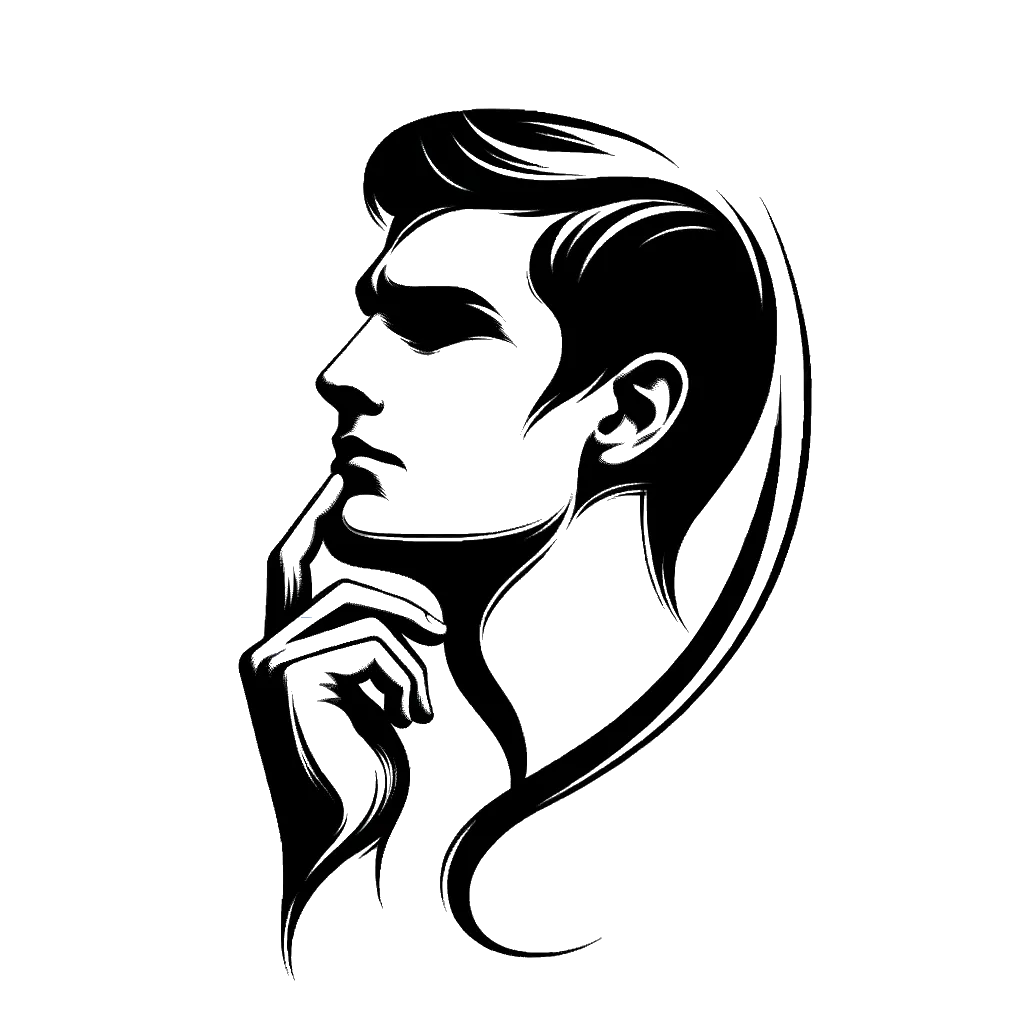 un dibujo de un hombre con el dedo en la barbilla mirando hacia abajo y a la izquierda representando el tema de Cuestionamiento en blanco y negro.