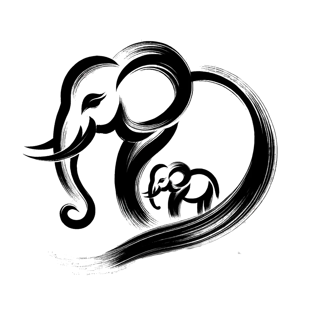 un dibujo de una elefanta con su cría representando el tema de Cuidado en blanco y negro.