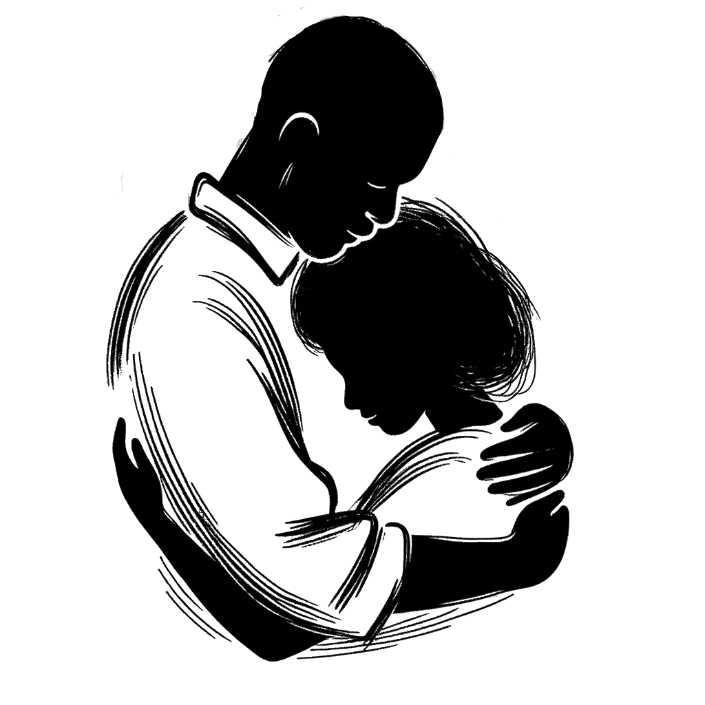 un dibujo de dos personas cristianas abrazándose representando el tema de Cuidando en blanco y negro.