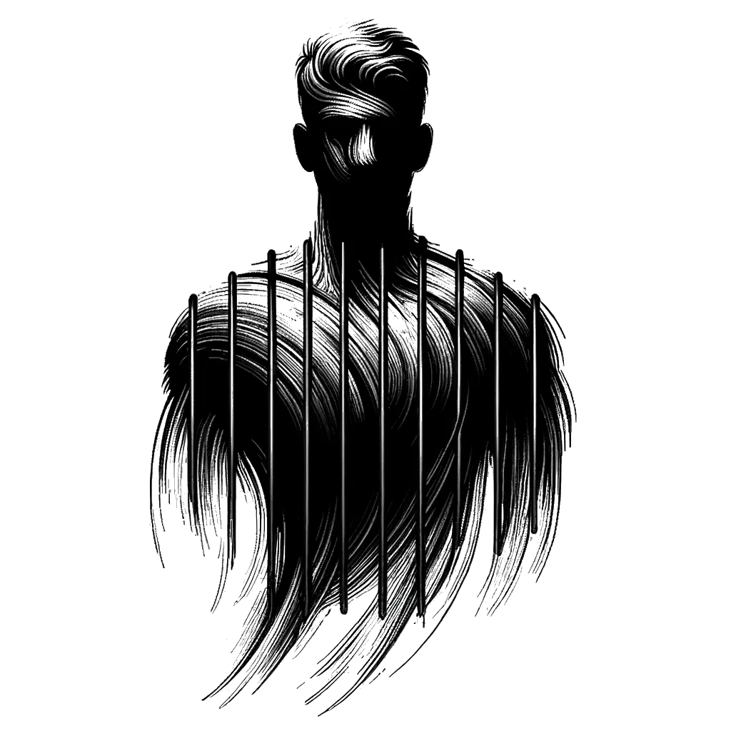 un dibujo de un prisionero masculino armado representando el tema de Culpa en blanco y negro.