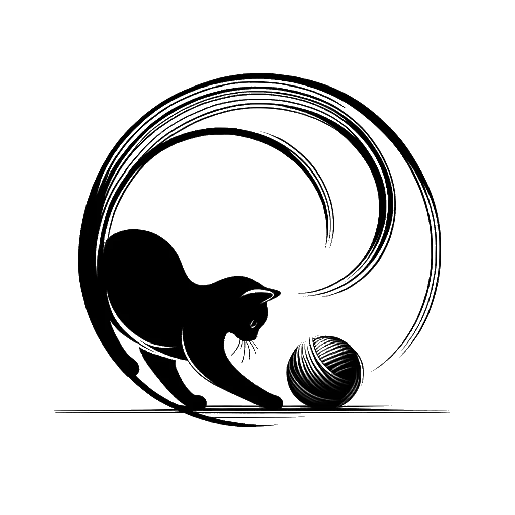 un dibujo de un gato jugando con una bola de estambre representando el tema de Curiosidad en blanco y negro.