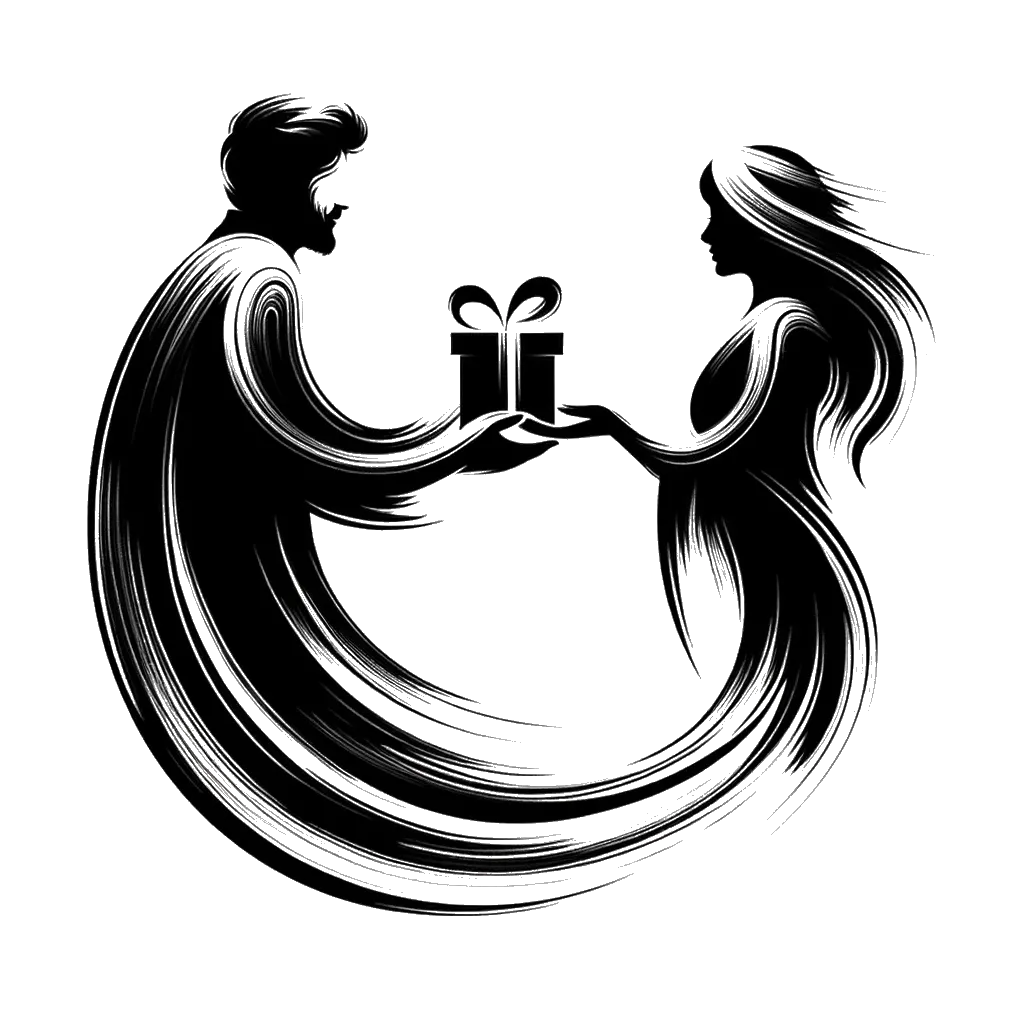 un dibujo de un hombre dando un regalo a una mujer representando el tema de Dando en blanco y negro.