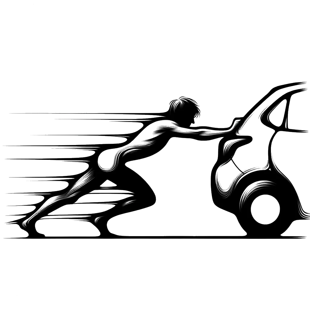 un dibujo de un hombre delgado intentando empujar la parte trasera de un coche representando el tema de Debilidad en blanco y negro.
