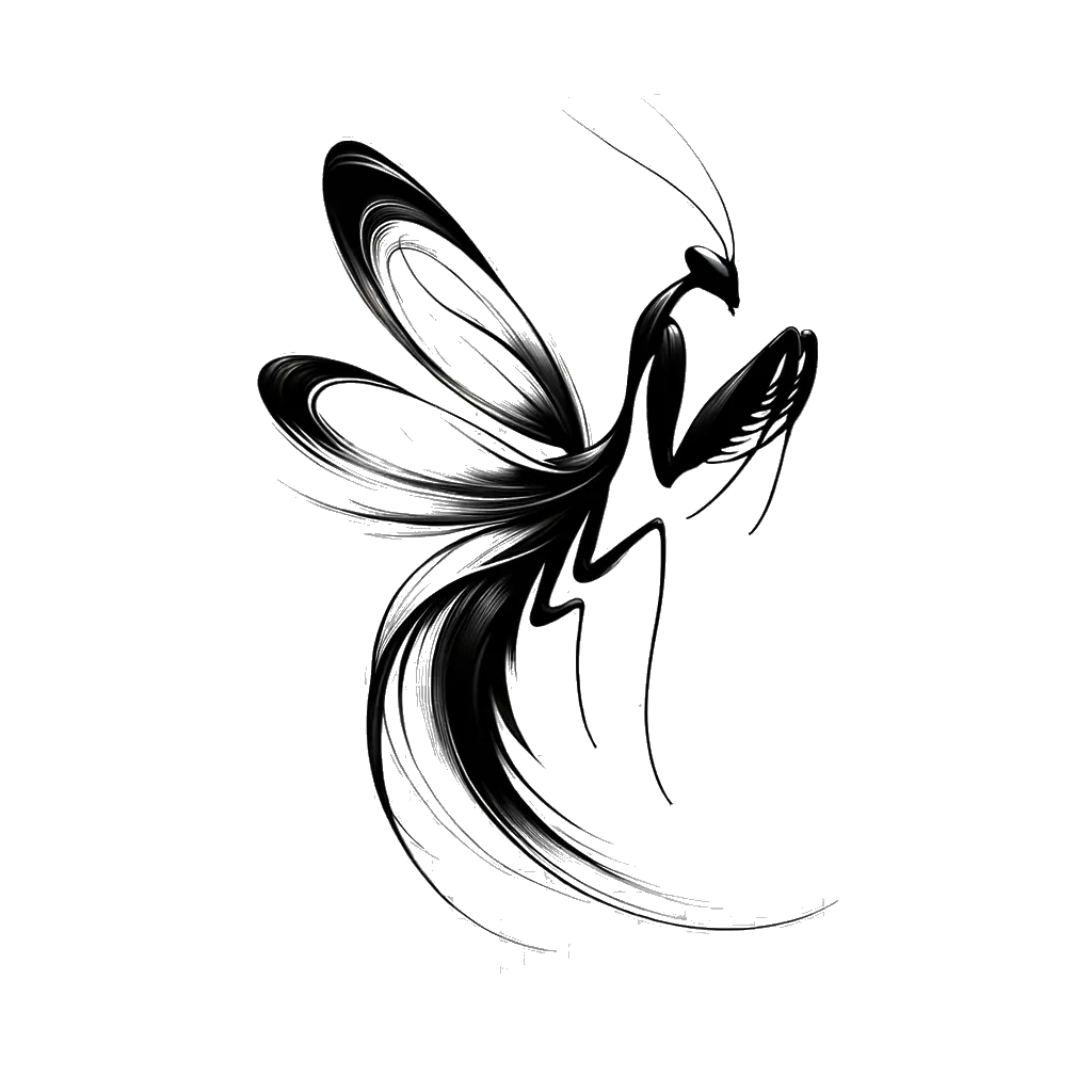 un dibujo de una mantis orquídea representando el tema de Decepción en blanco y negro.