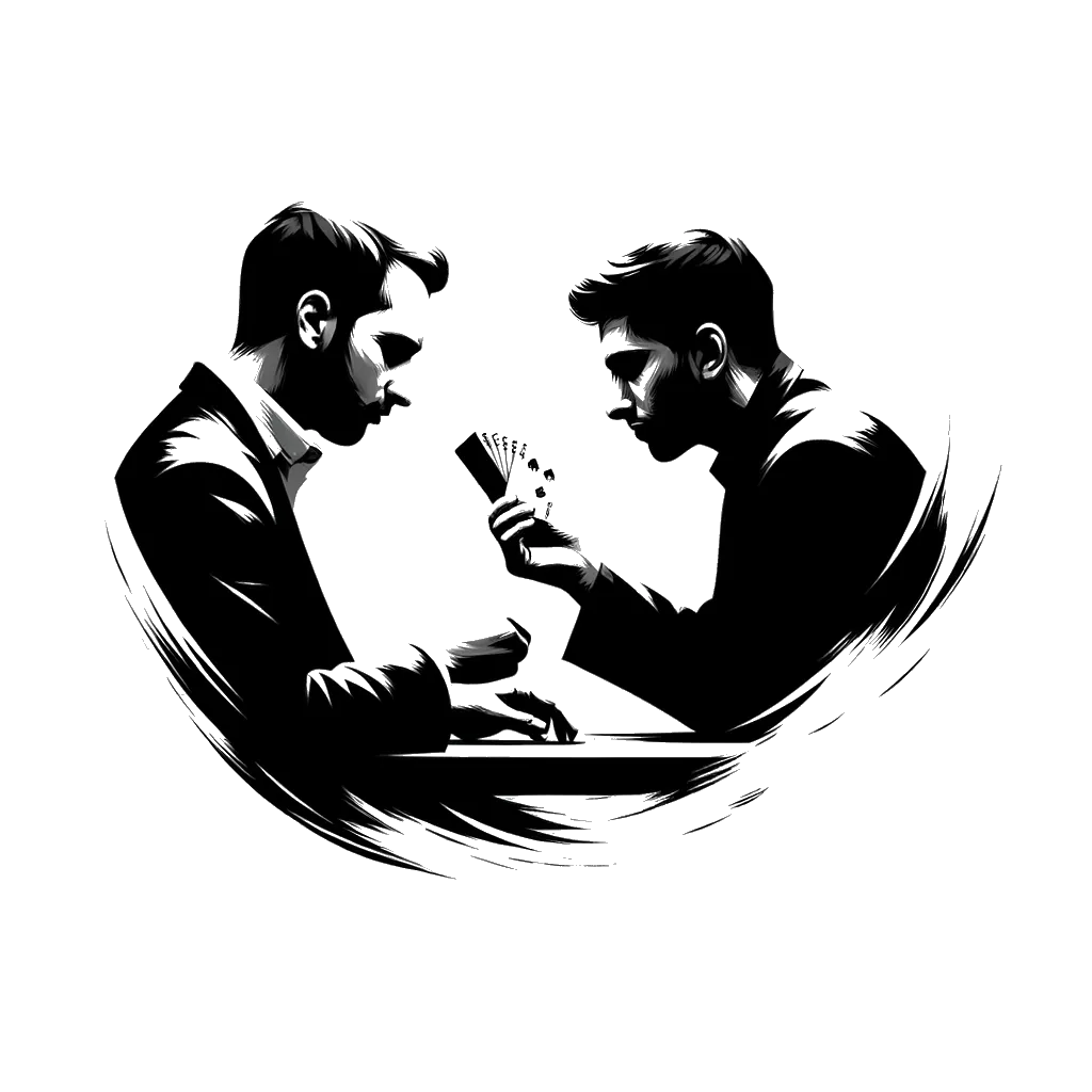 un dibujo de dos hombres jugando a las cartas representando el tema de Decisiones en blanco y negro.