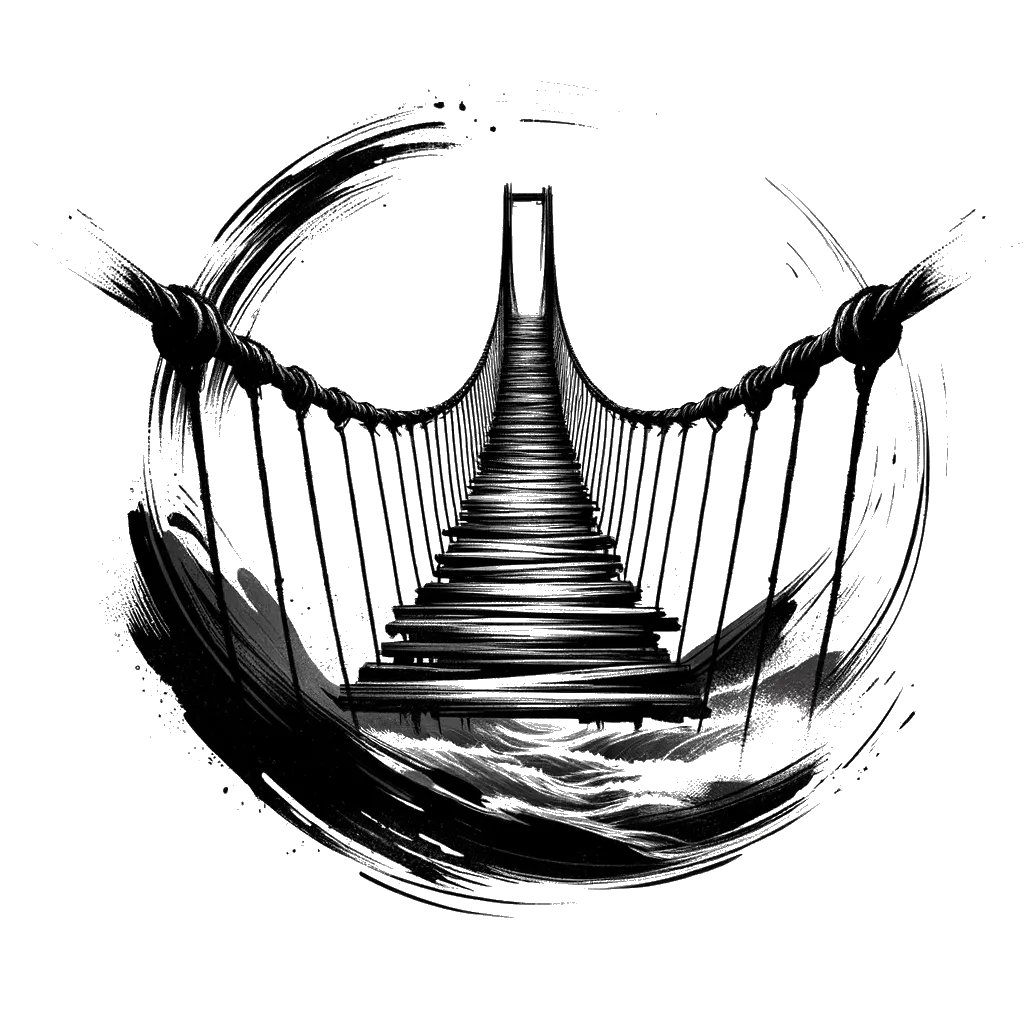 un dibujo de aproximándose a un puente colgante en mal estado representando el tema de Decisiones Dificiles en blanco y negro.