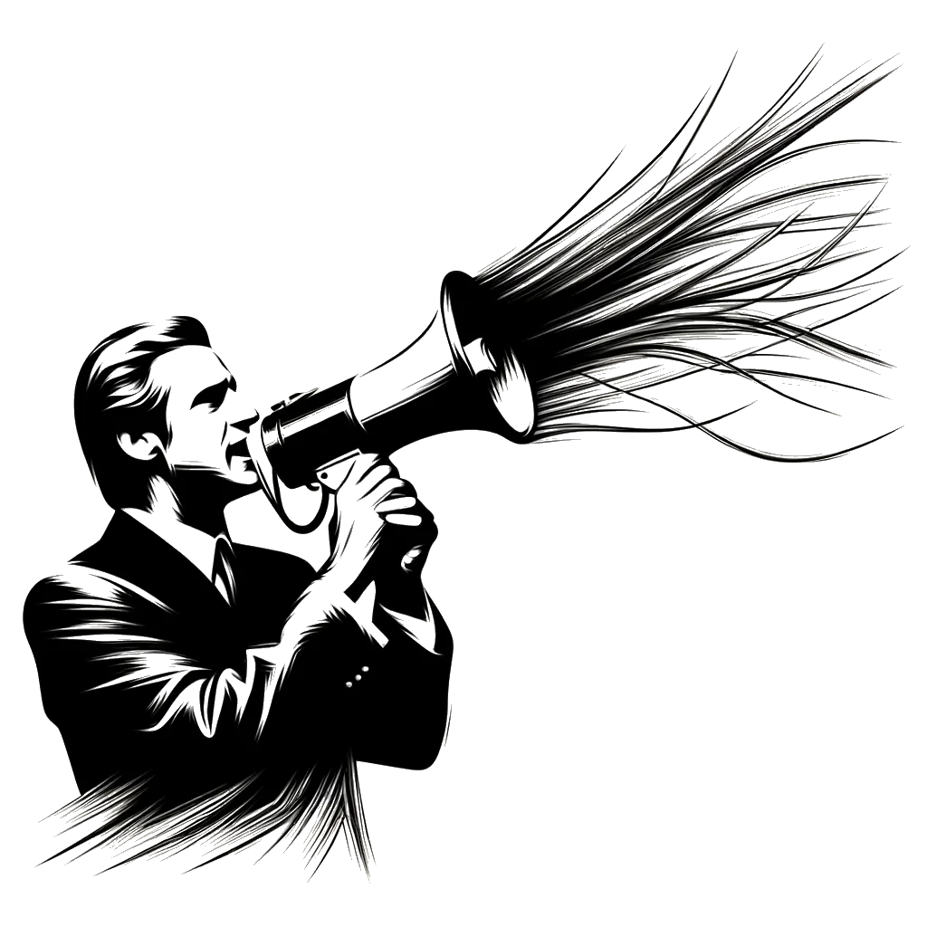 un dibujo de una persona hablando por un altavoz representando el tema de Declaraciones en blanco y negro.