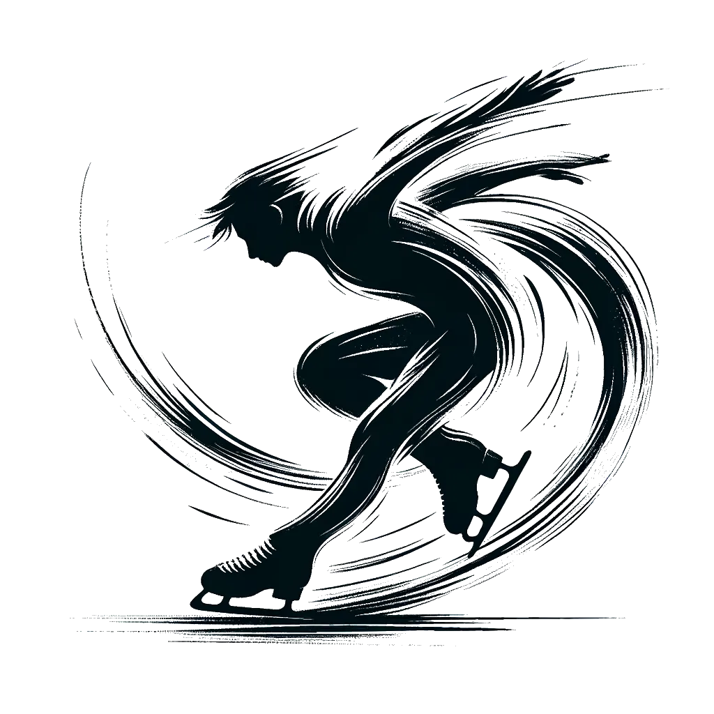 un dibujo de un patinador de hielo aterrizando un salto representando el tema de Dedicación en blanco y negro.