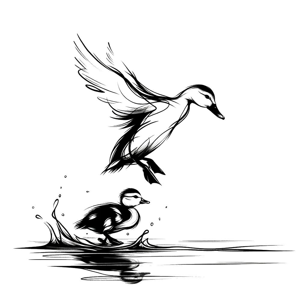 un dibujo de Polluelos de pato saltando al agua por primera vez siguiendo a su madre. representando el tema de Dejando Ir en blanco y negro.