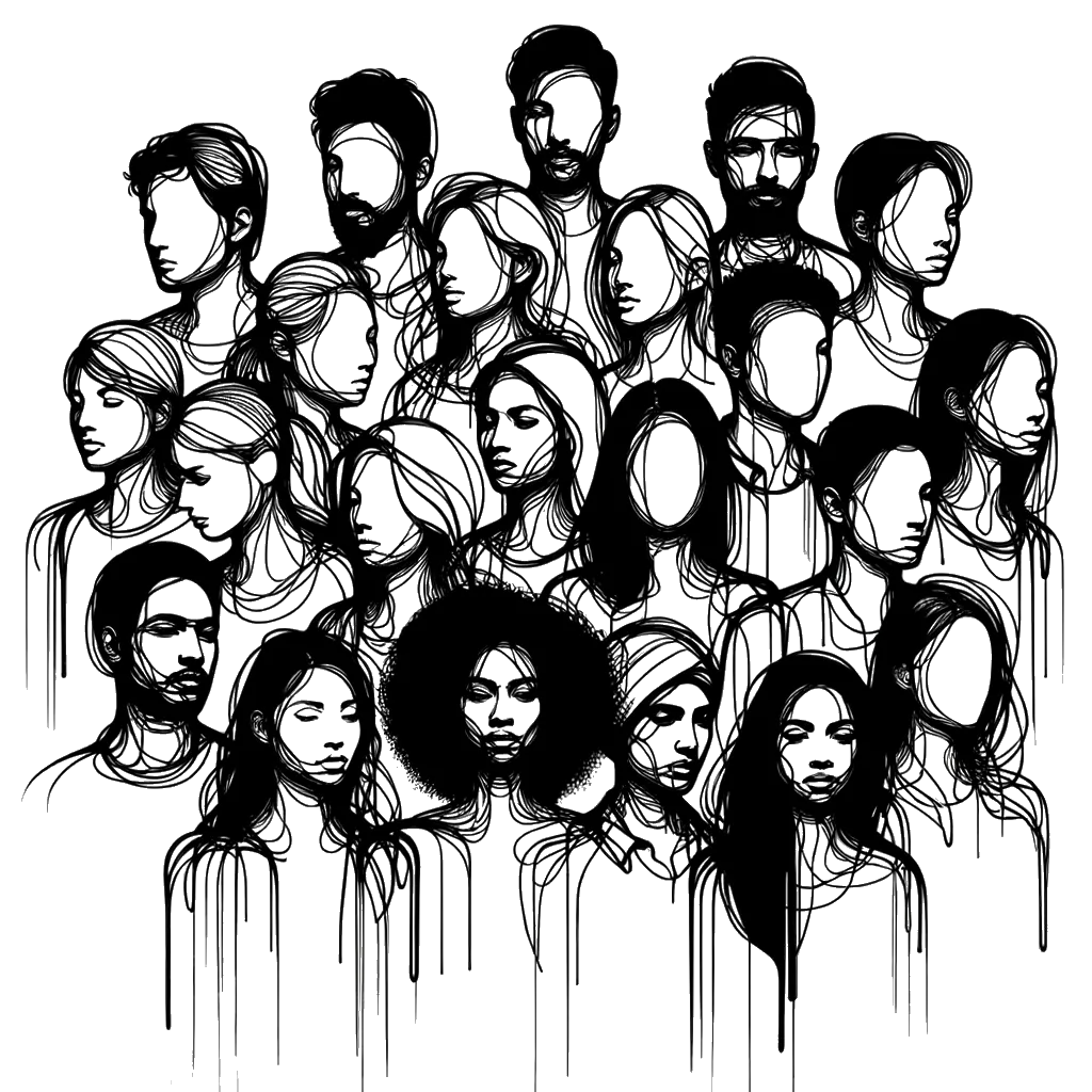 un dibujo de un grupo de personas representando el tema de Demás en blanco y negro.