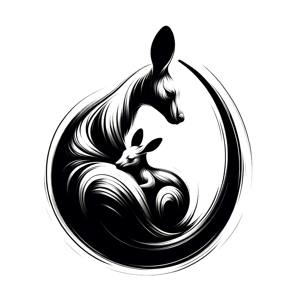 un dibujo de un bebé canguro en la bolsa de su madre representando el tema de Dependencia en blanco y negro.