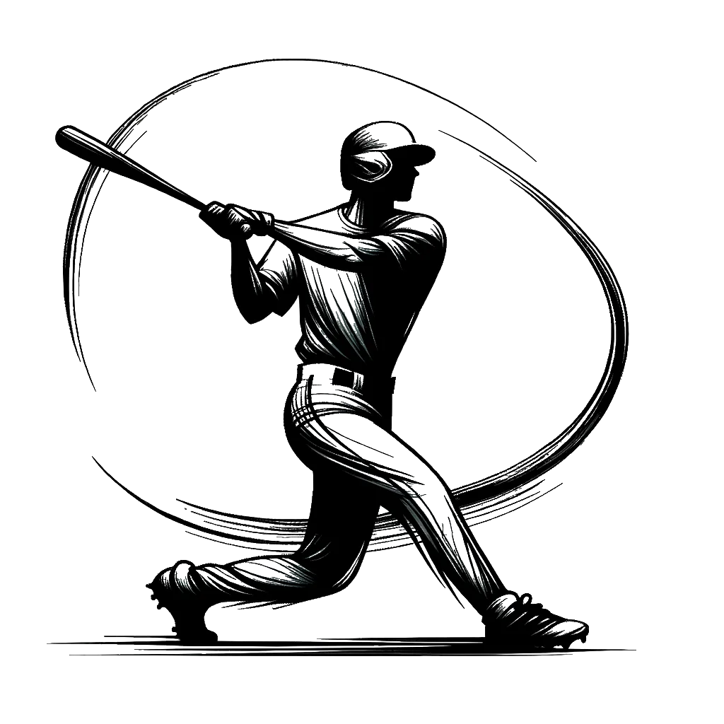 un dibujo de un bateador de béisbol balanceándose para golpear la pelota representando el tema de Deportes en blanco y negro.