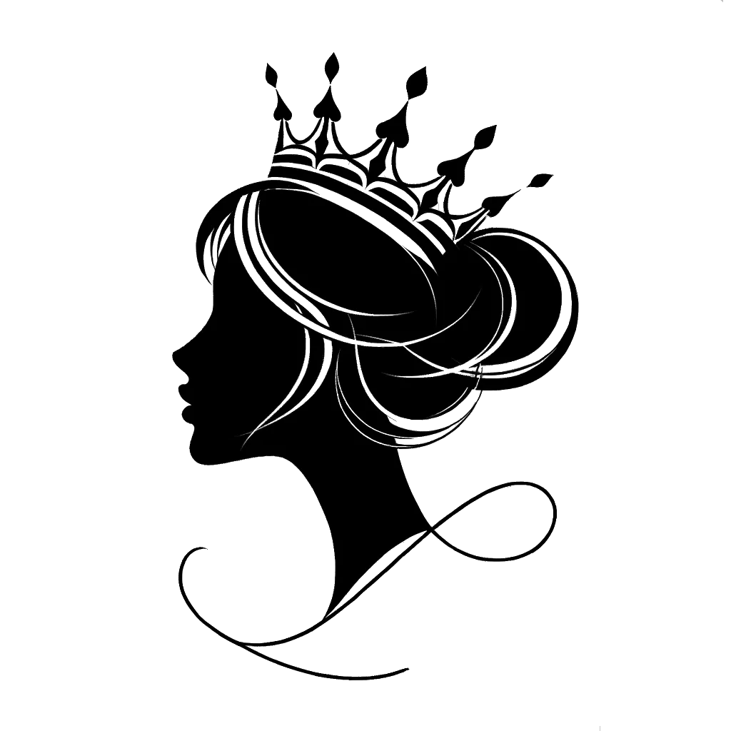 un dibujo de una reina llevando una corona representando el tema de Derecho en blanco y negro.