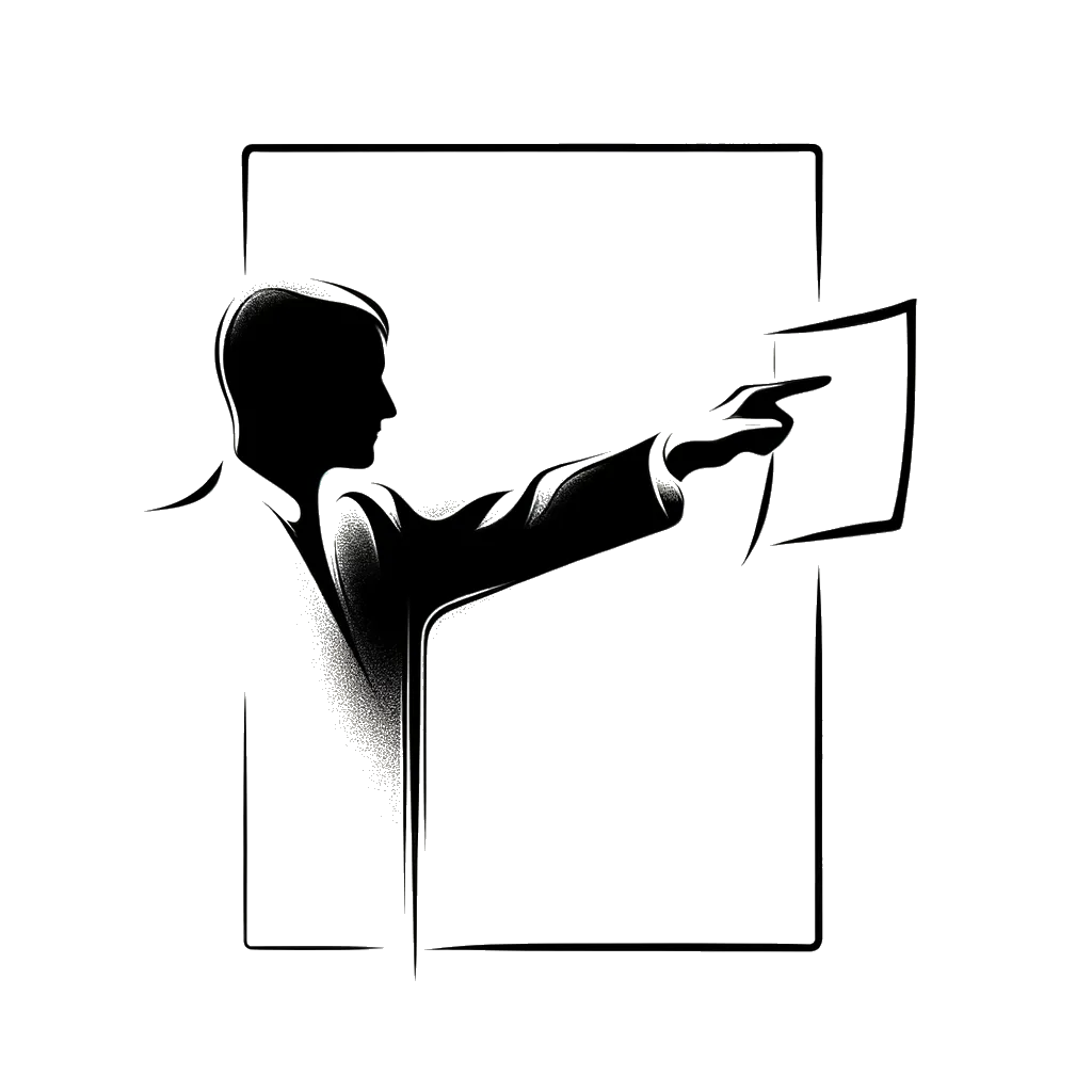 un dibujo de un hombre blanco señalando un trozo de papel representando el tema de Derechos en blanco y negro.