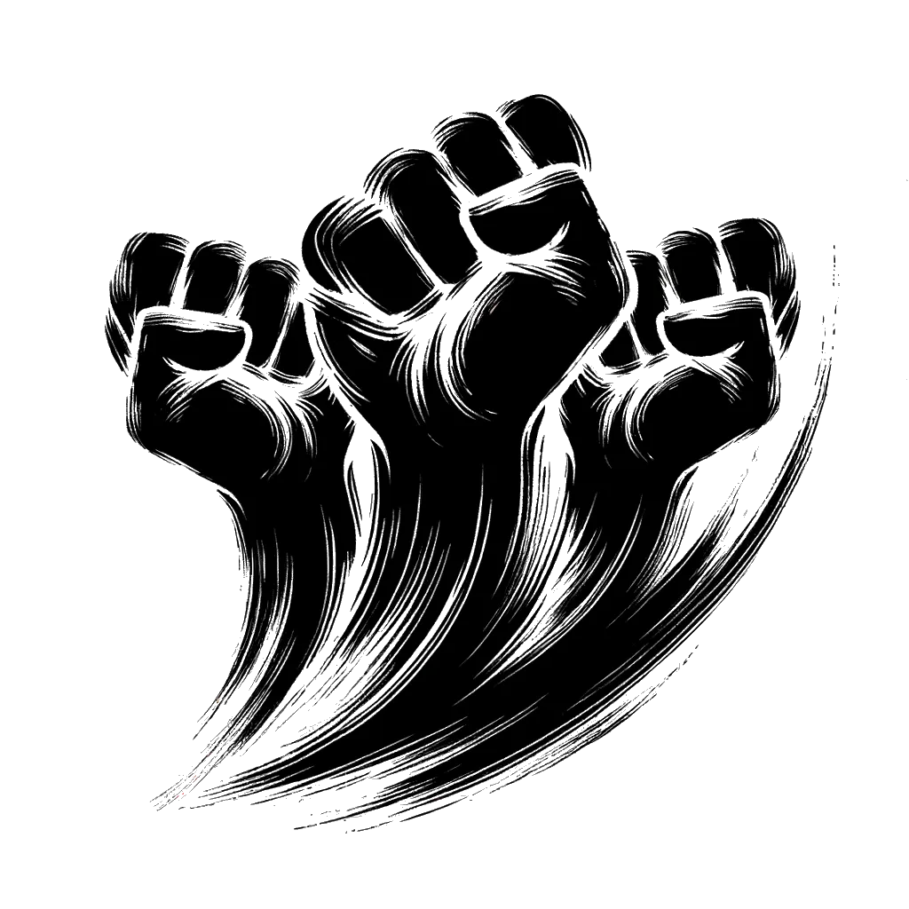 un dibujo de tres puños levantados en desafío representando el tema de Desafío en blanco y negro.