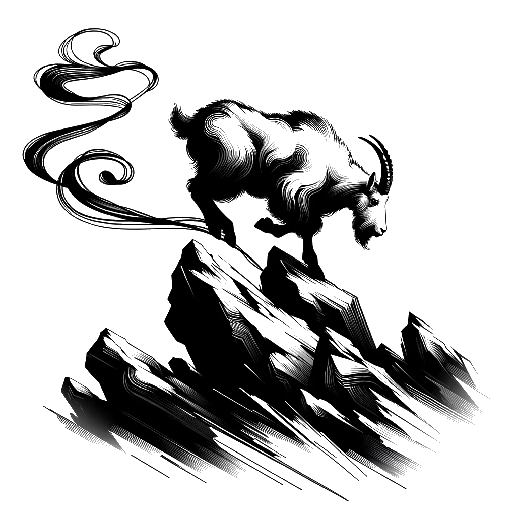 un dibujo de una cabra montés equilibrándose sobre rocas representando el tema de Desafíos en blanco y negro.