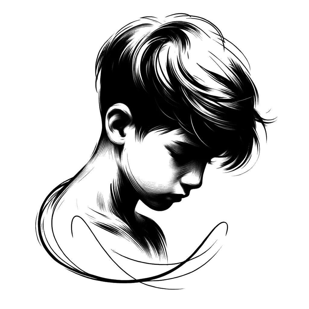 un dibujo de un niño con la cabeza baja mirando desanimado representando el tema de Desanimado en blanco y negro.