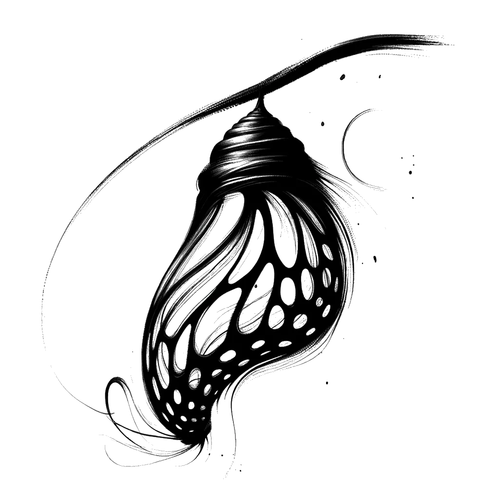 un dibujo de una crisálida de mariposa representando el tema de Desarrollo en blanco y negro.