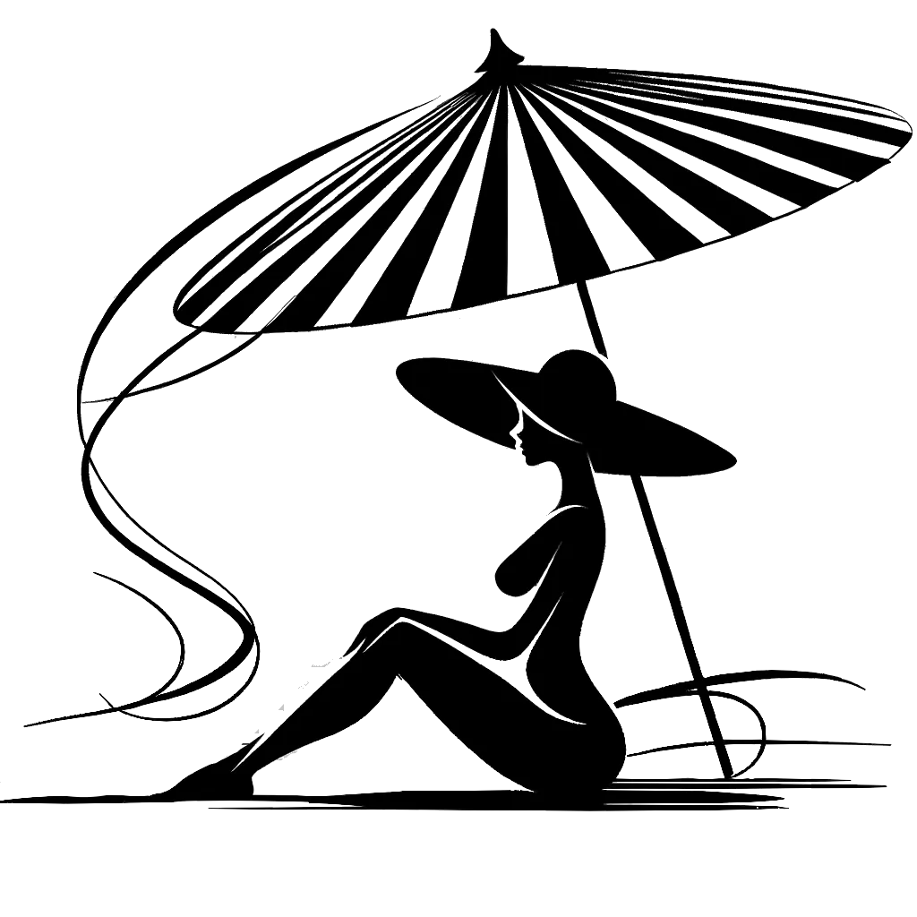 un dibujo de una mujer estaba sentada bajo un parasol en una playa representando el tema de Descansos en blanco y negro.
