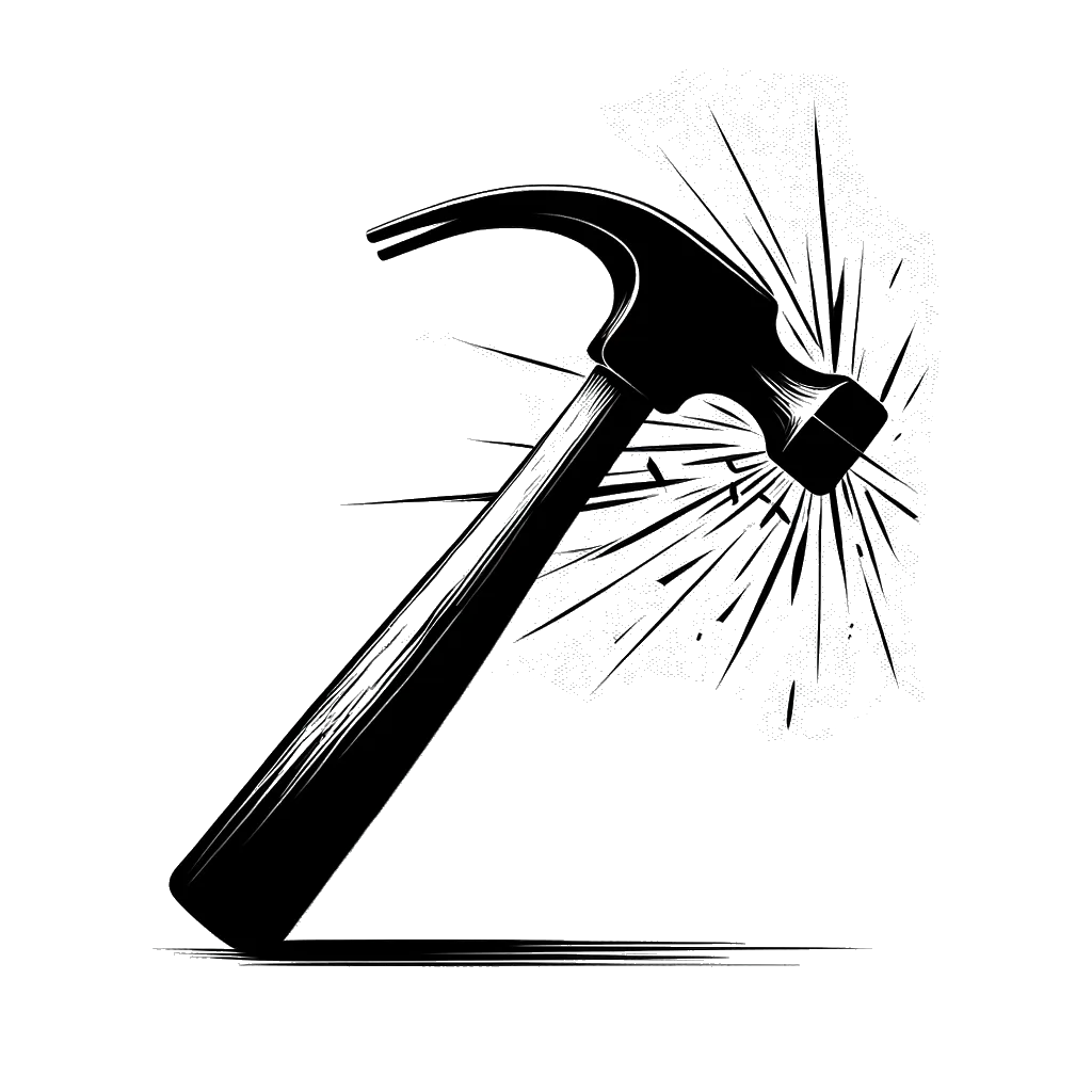 un dibujo de un martillo rompiendo vidrio representando el tema de Desconfianza en blanco y negro.