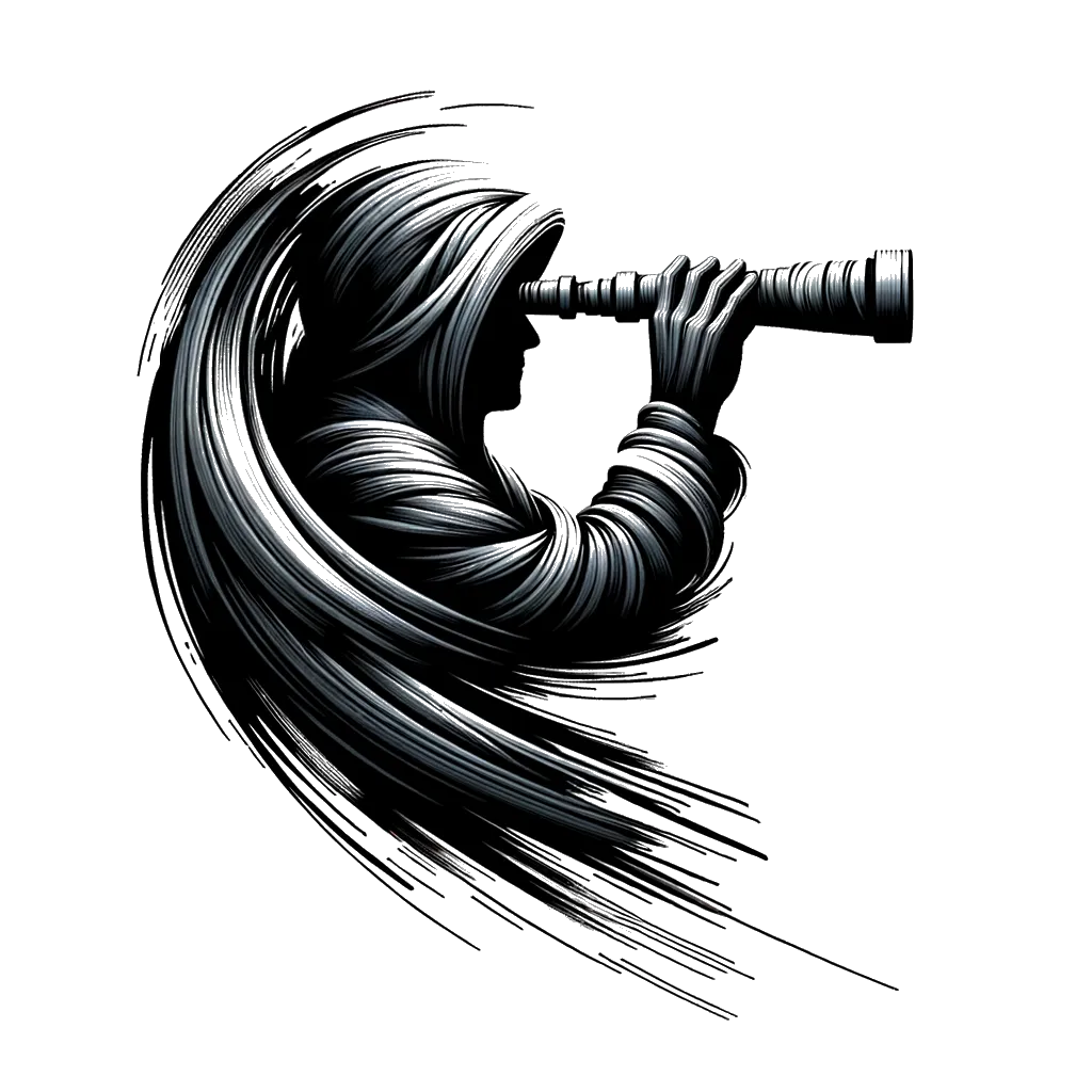 un dibujo de un hombre usando un telescopio de estilo antiguo representando el tema de Descubrimiento en blanco y negro.