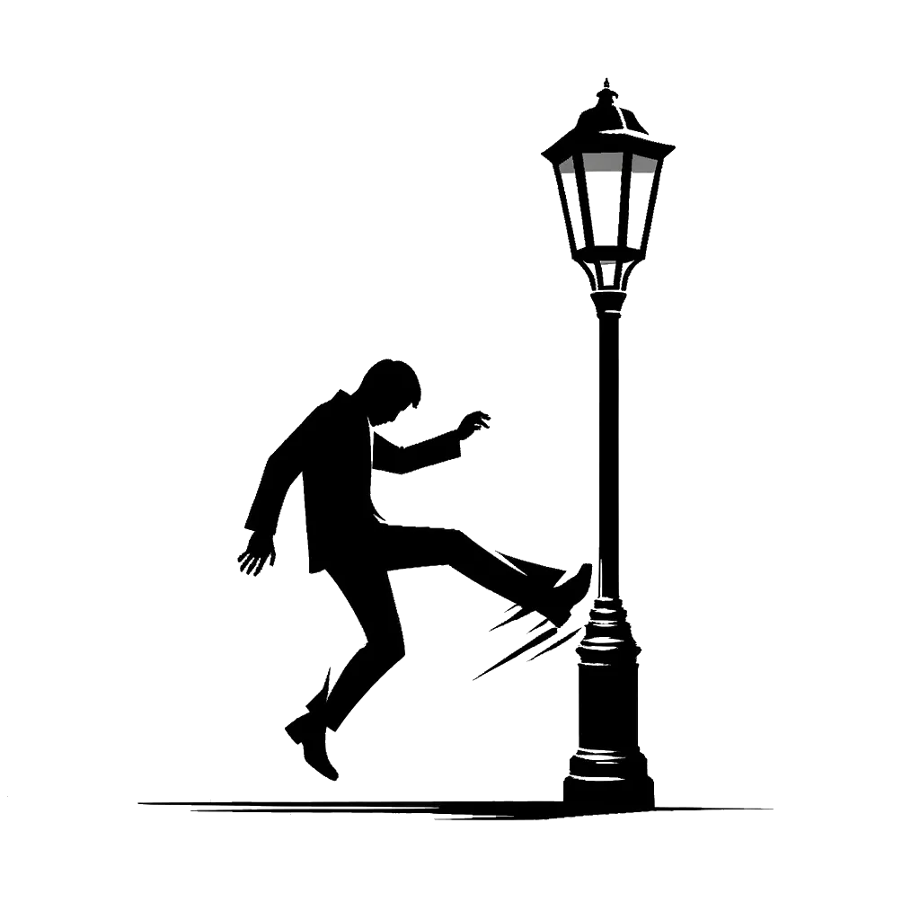 un dibujo de un hombre que camina accidentalmente hacia un poste de luz representando el tema de Descuido en blanco y negro.