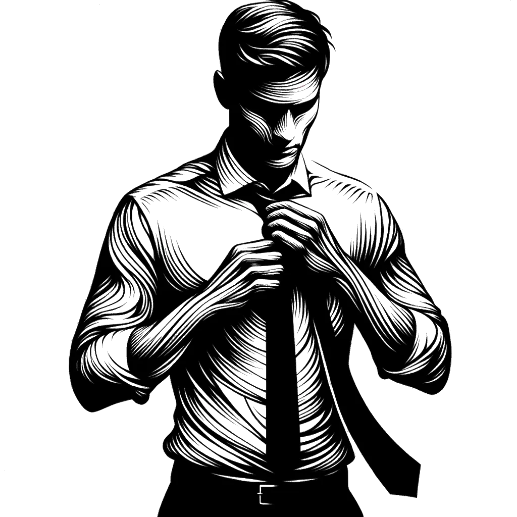 un dibujo de un hombre poniéndose una camisa y corbata representando el tema de Desempleo en blanco y negro.
