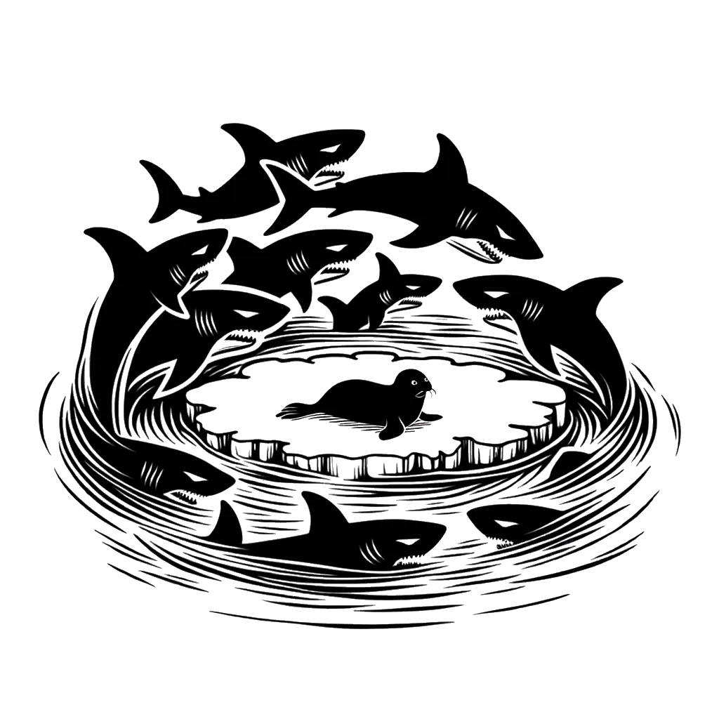 un dibujo de una foca en un pequeño iceberg rodeada por las aletas de tiburones que emergen del agua representando el tema de Desgracias en blanco y negro.