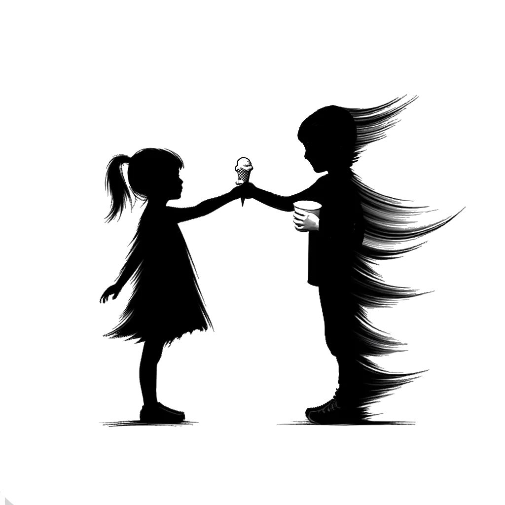 un dibujo de un niño joven dándole su helado a una niña representando el tema de Desinterés en blanco y negro.
