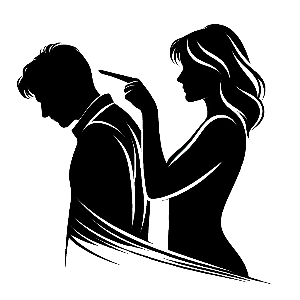 un dibujo de una mujer pellizcando a un hombre en la espalda a pesar de representando el tema de Despecho en blanco y negro.
