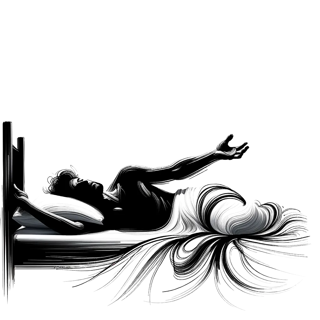 un dibujo de un hombre golpeando un despertador desde la cama representando el tema de Despertando en blanco y negro.