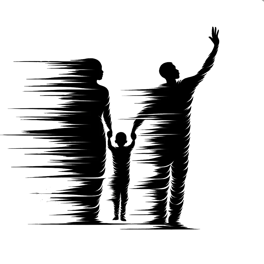 un dibujo de un joven despidiéndose de sus padres representando el tema de Despidiéndose en blanco y negro.