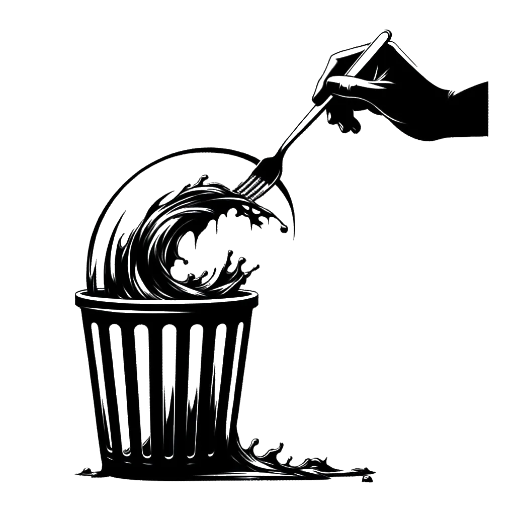 un dibujo de un plato de comida siendo raspado en un bote de basura representando el tema de Despilfarro en blanco y negro.