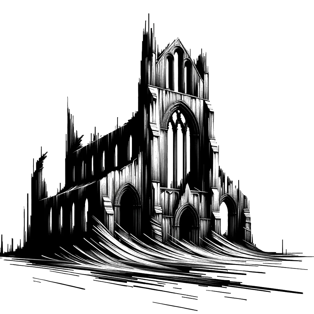 un dibujo de una iglesia en ruinas representando el tema de Destrucción en blanco y negro.